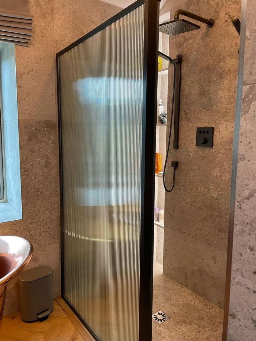 Gunmetal Frames Fluted Glass Shower Screen - 880mm