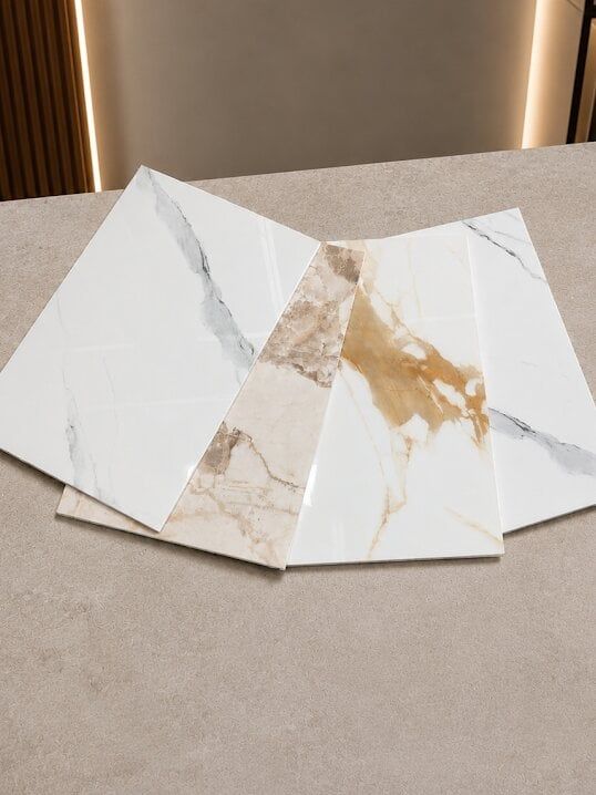 Variety of PVC bathroom wall panels in marble and stone effects