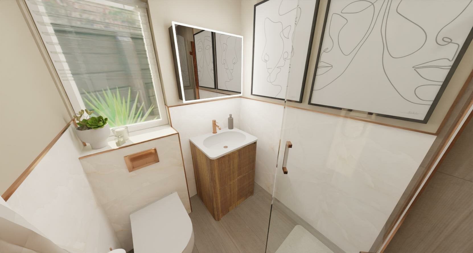 3D Design of an en suite featuring warm wood tones and metallic brass hardware