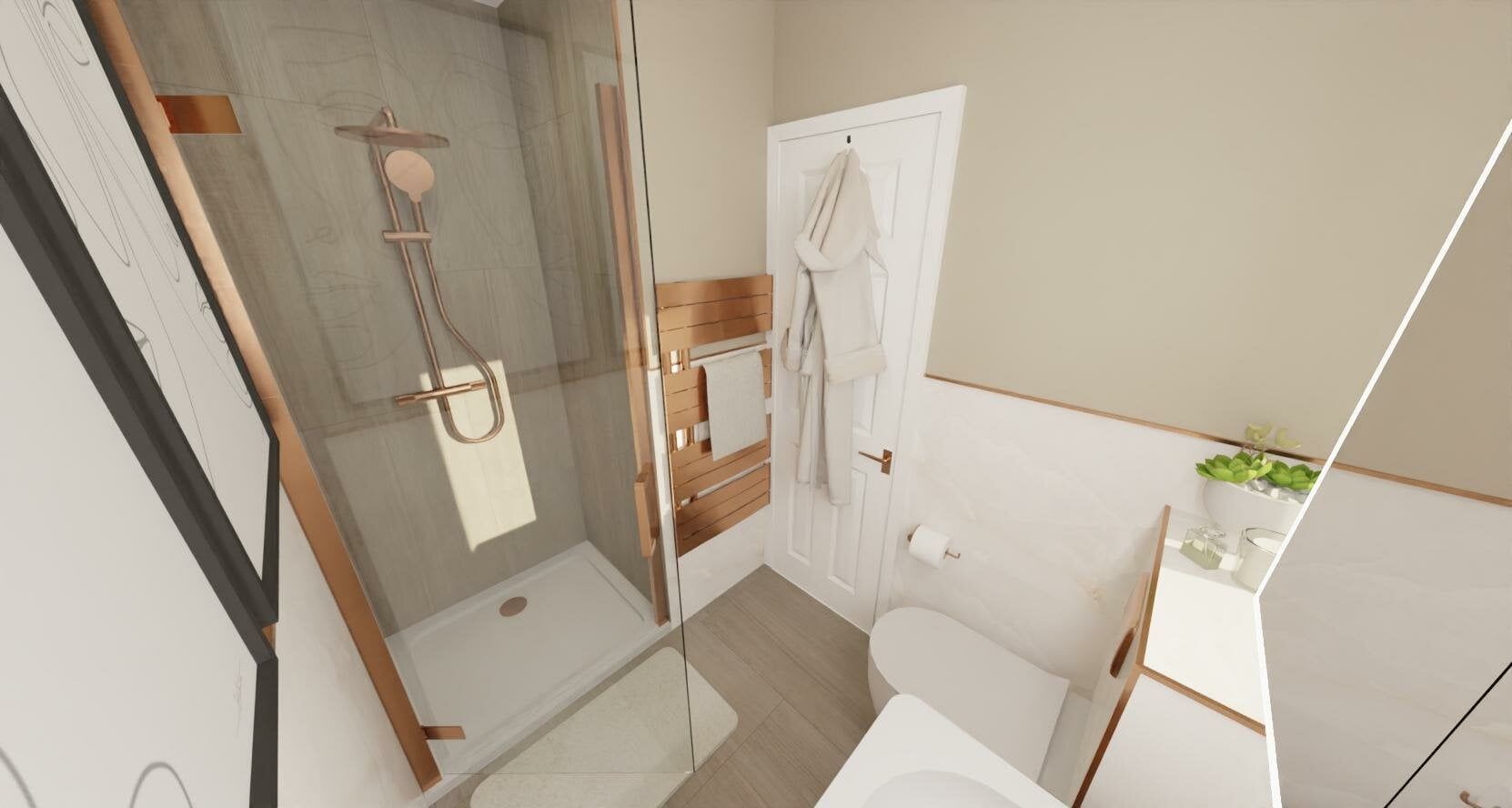 3D Design featuring brass shower and ensclosure, and warm wood tones to the bathroom furniture