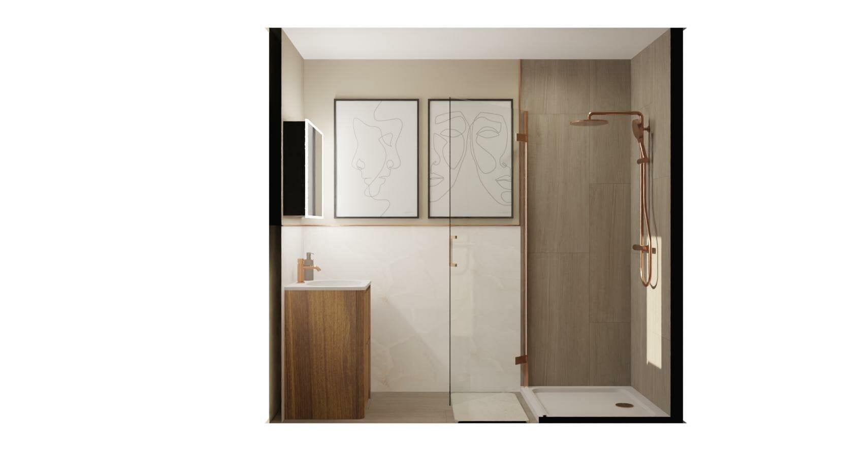 CAD of an en suite featuring shower enclosure, artwork and metallic finishes