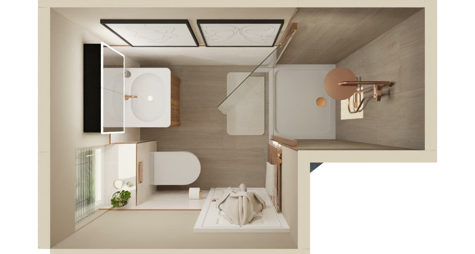 3D Design birds eye view of an en suite space created using warm toned metallic hardware and bathroom furniture