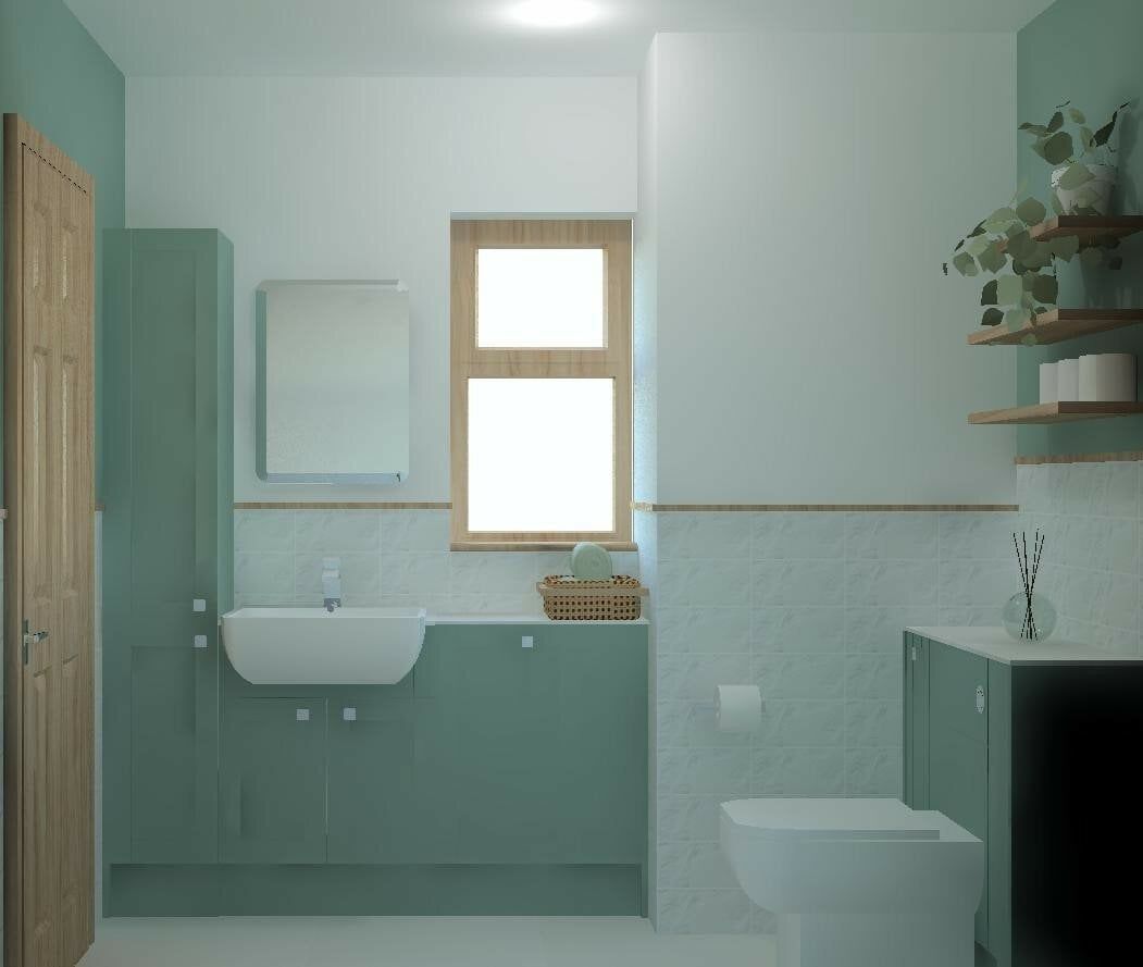 3D bathroom design showing green fitted furniture, a white toilet and a window in a compact layout.
