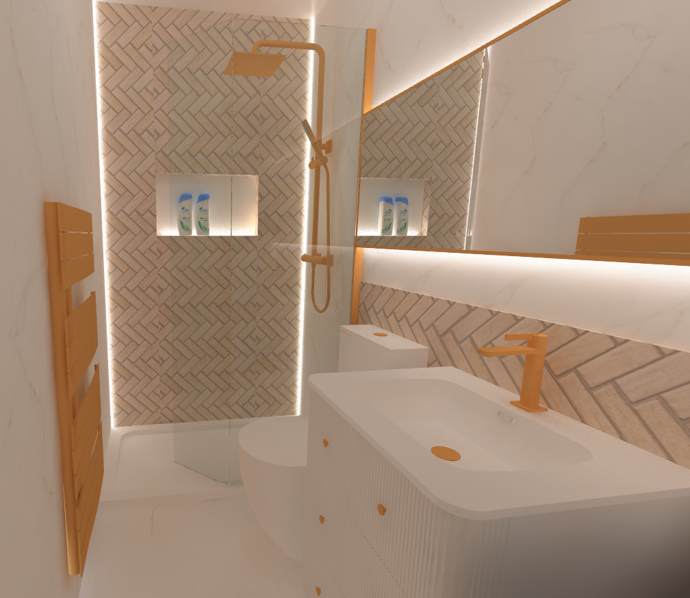 3D view of a narrow bathroom layout with a bath, vanity unit, storage and warm neutral finishes.