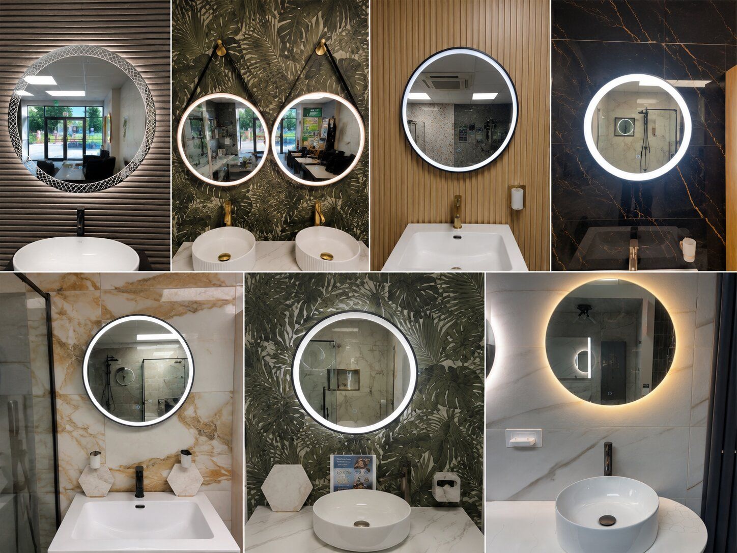 Selection of illuminated bathroom mirrors in round and shaped designs displayed at the Easy Bathrooms Beckton showroom.