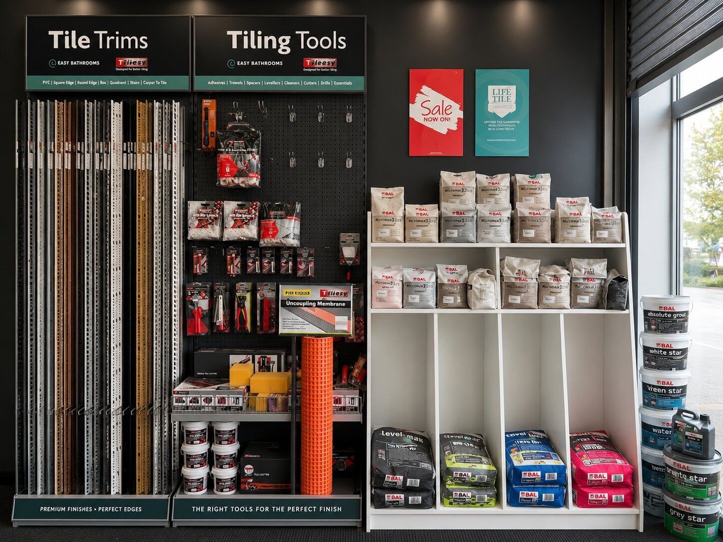 Trade display at the Easy Bathrooms Beckton showroom featuring Tileasy tile trims, BAL adhesives, grouts and professional tiling tools.