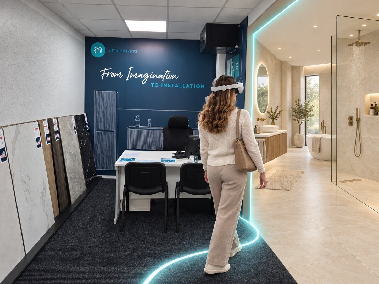 Person trying the VR bathroom experience inside the Easy Bathrooms Coventry showroom.