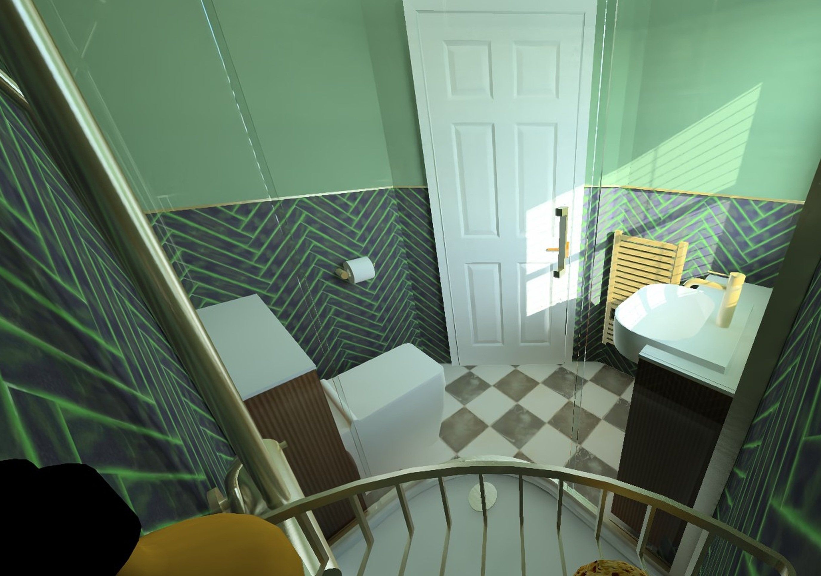 3D bathroom design featuring dark green herringbone wall tiles, a curved shower enclosure, white toilet and wood-effect vanity furniture