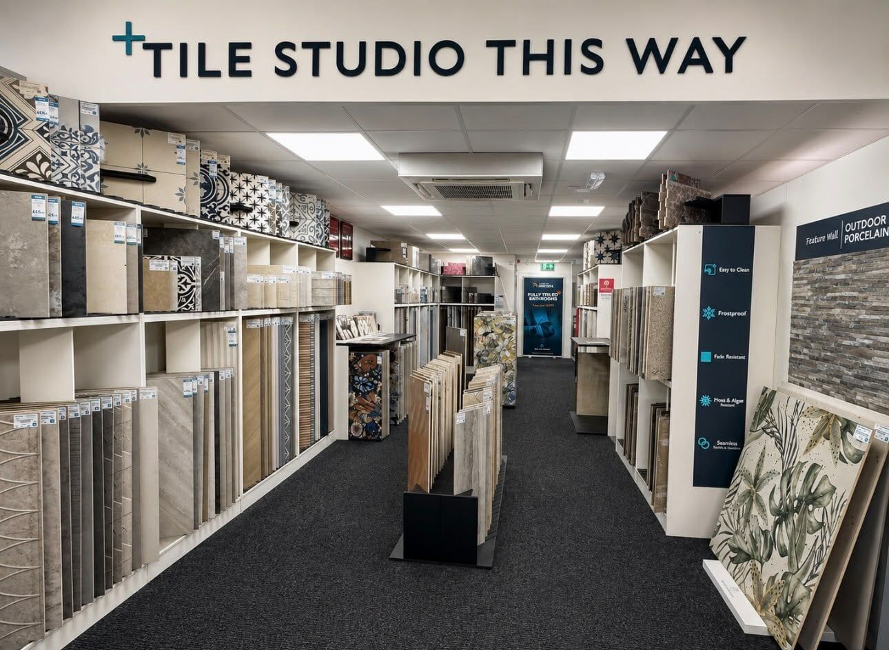 Tile Studio at the Easy Bathrooms Sunderland showroom featuring rows of indoor and outdoor tile displays.