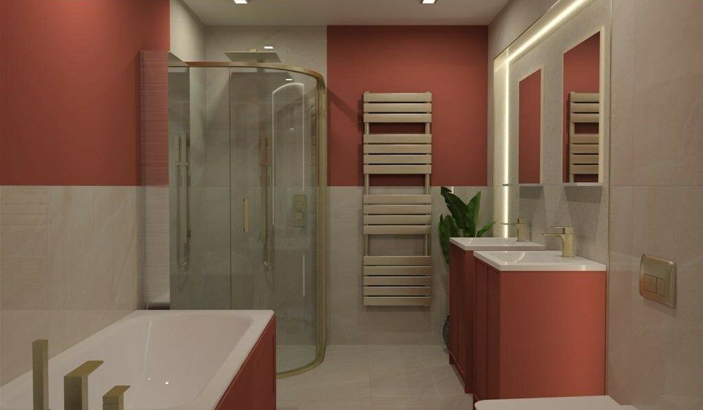 3D bathroom design showing a Rose Pink Kendal floor-standing vanity unit beside a walk-in shower.
