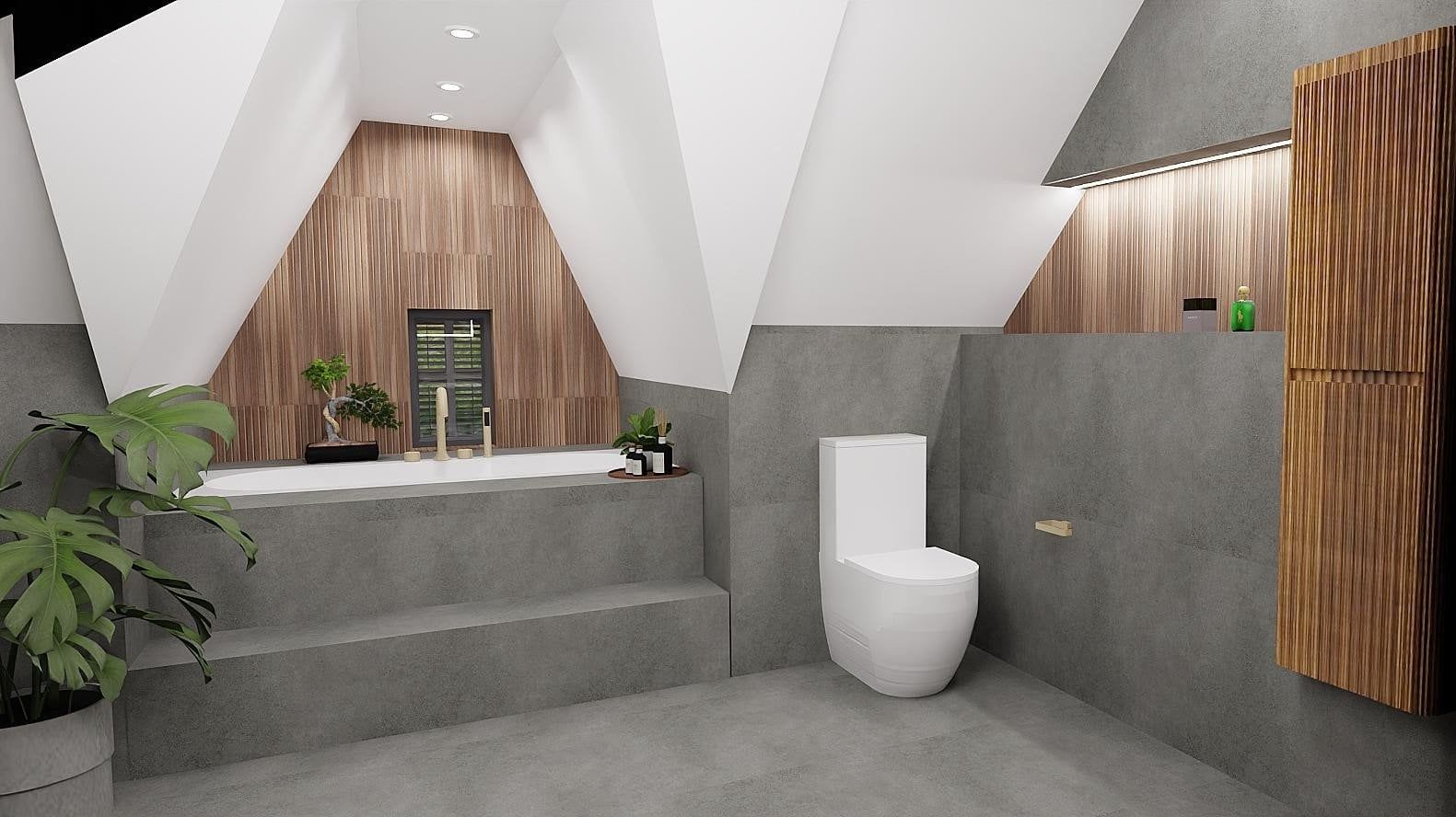 3D bathroom design showing a toilet, built-in bench, ribbed wood-effect storage and grey stone-effect tiles.