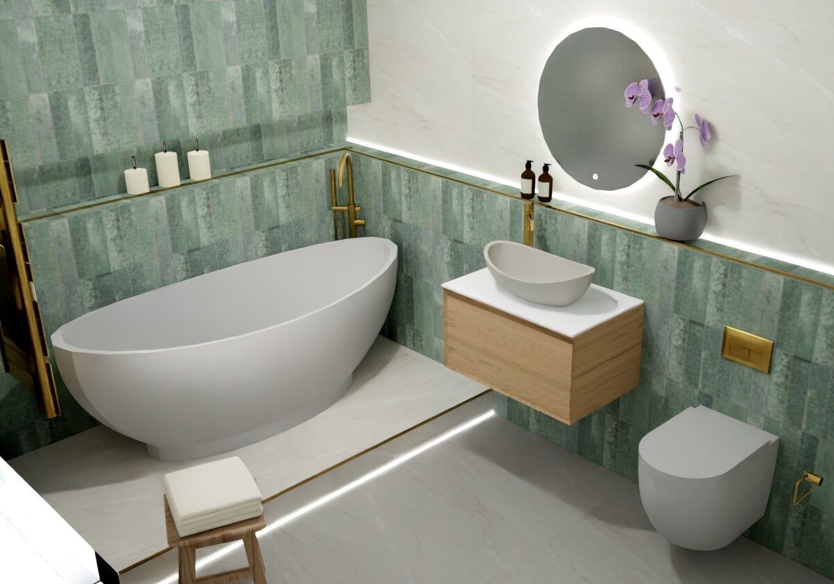 3D bathroom design featuring a freestanding bath, green wall tiles, wood-effect vanity unit and coordinated brassware.