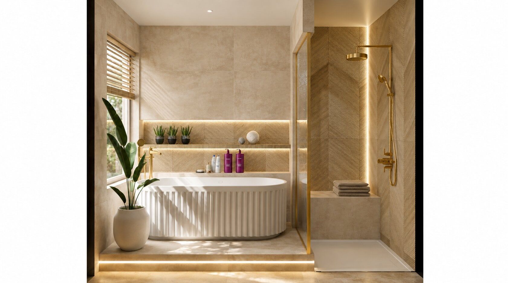 1. Nordan ribbed solid stone bath in a warm, spa-inspired 3D bathroom design by Easy Bathrooms Leicester.