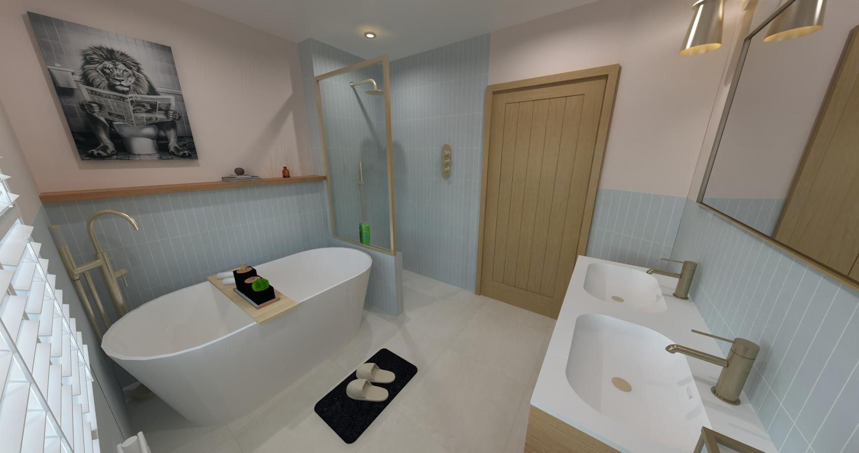 3D view of a freestanding bath, double vanity unit and warm wood finishes in a contemporary bathroom.