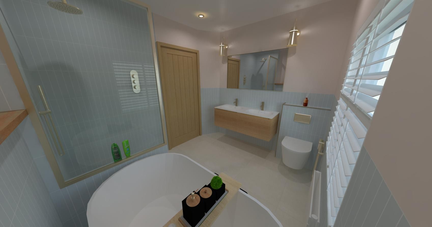 3D bathroom design featuring a freestanding bath, double basin area and bright window.