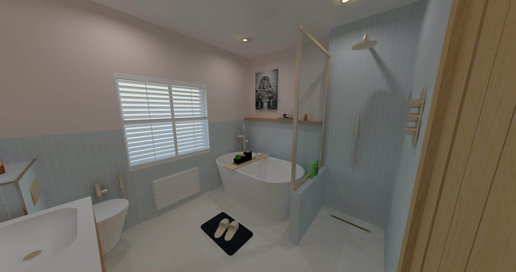 3D bathroom design showing a walk-in shower, soft blue tiles and brushed brass fittings.