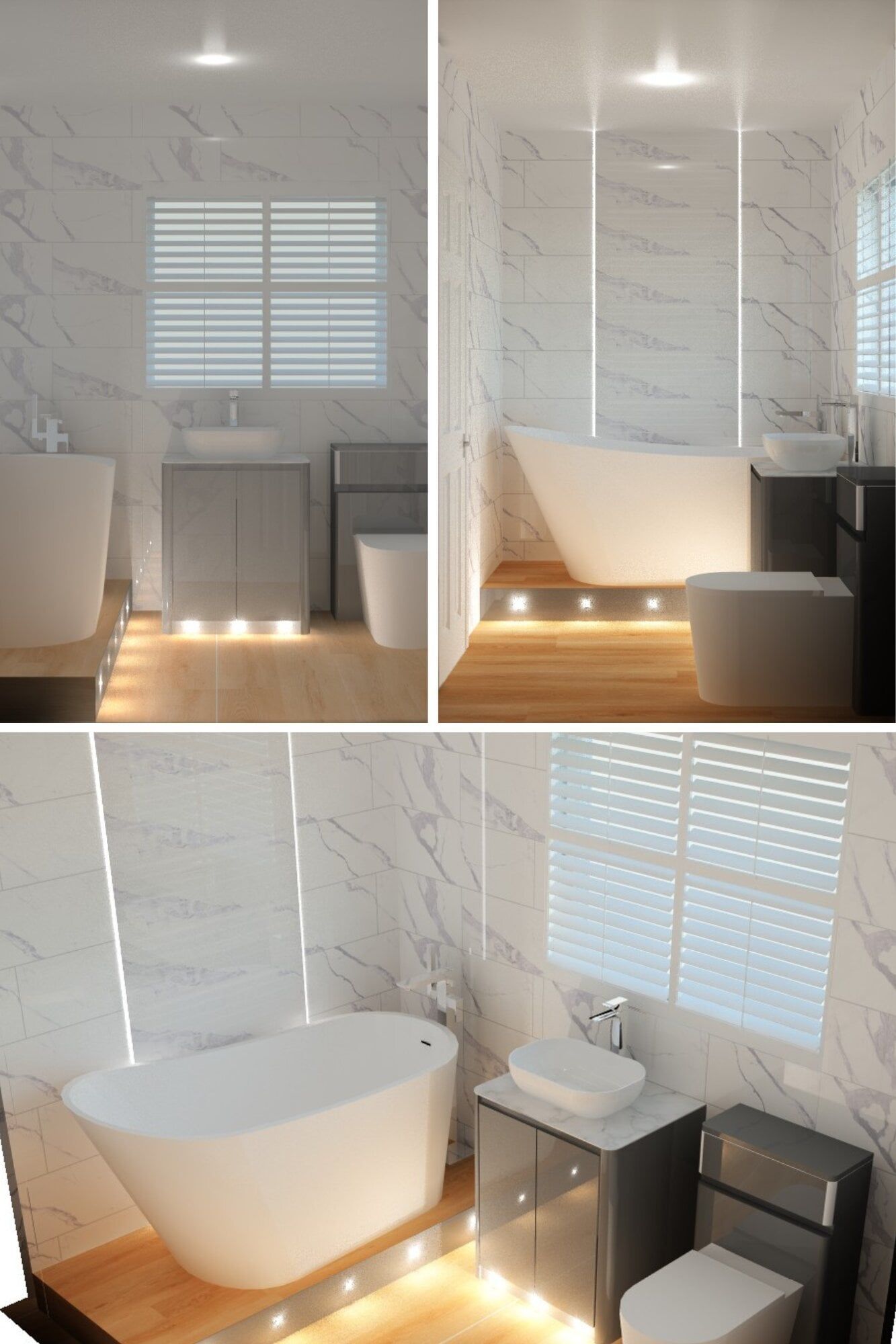 3D bathroom design showing a freestanding bath, marble-effect wall tiles, warm wood flooring and ambient lighting in a modern spa-inspired space.