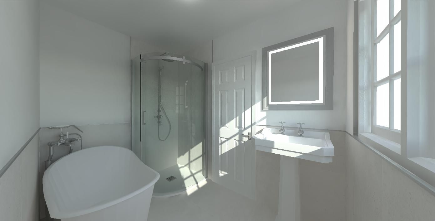 3D bathroom design showing a freestanding bath, illuminated mirror and bright window in a modern neutral space.