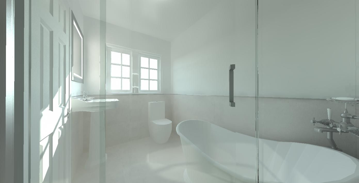 3D bathroom design featuring a freestanding bath, walk-in shower and light contemporary finishes.