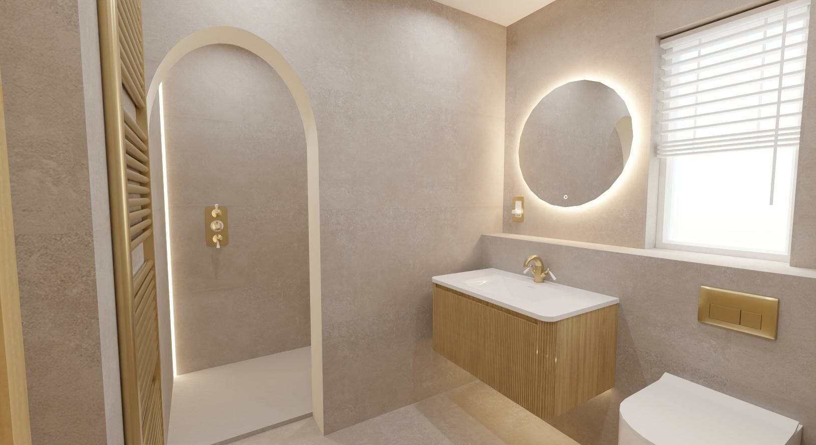 3D bathroom visual showing a vanity unit, round illuminated mirror and warm neutral finishes.