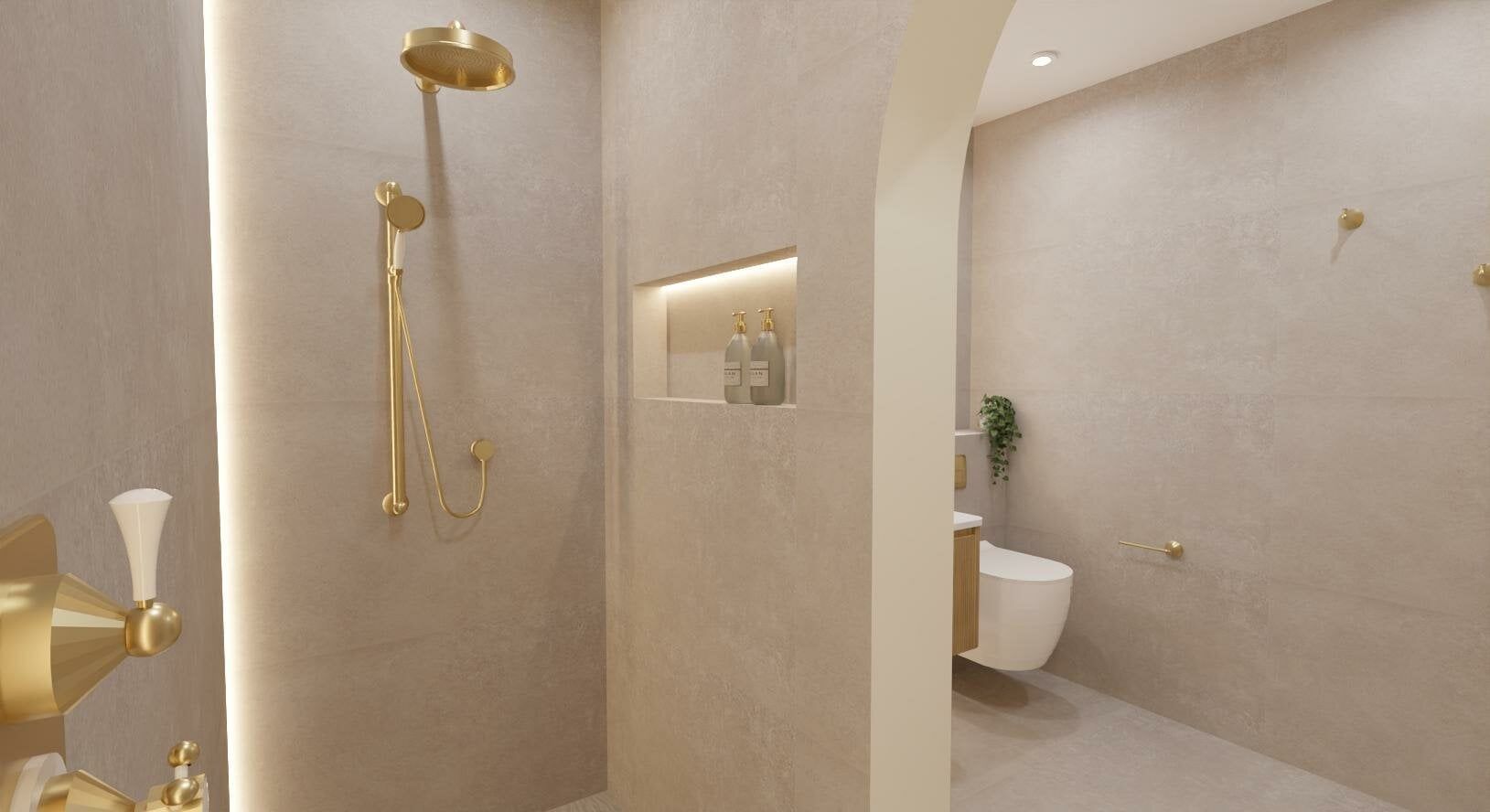 3D shower area design with neutral wall finishes and brushed brass bathroom details.