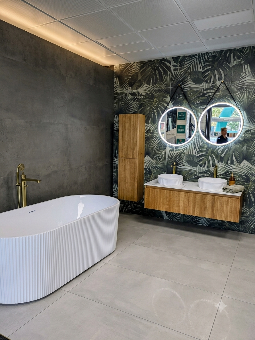 Modern bathroom display with a white fluted freestanding bath, double wooden vanity, round illuminated mirrors and tropical feature wall.