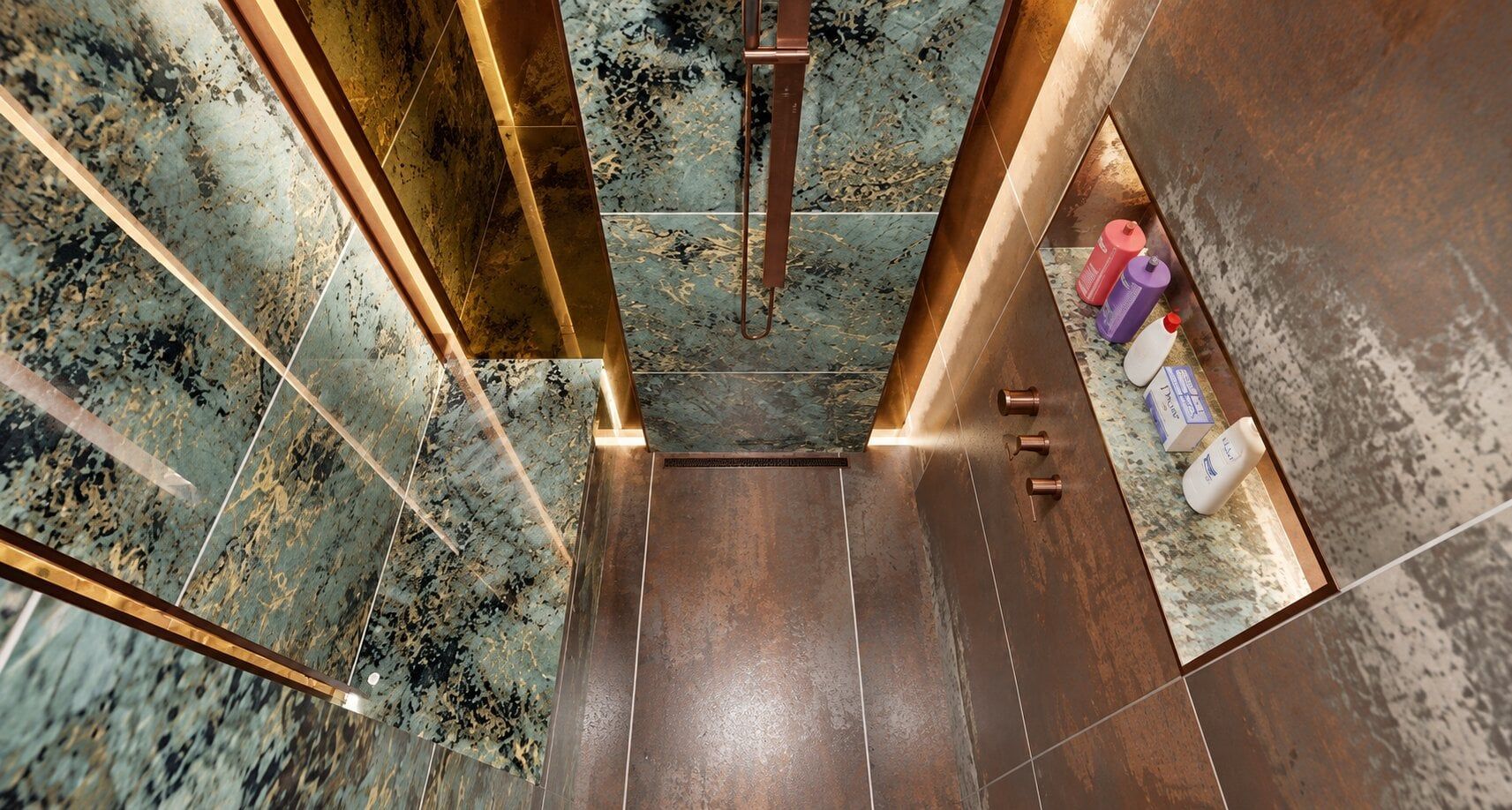 3D view of the bathroom layout with dark green wall tiles and warm Corteen flooring.