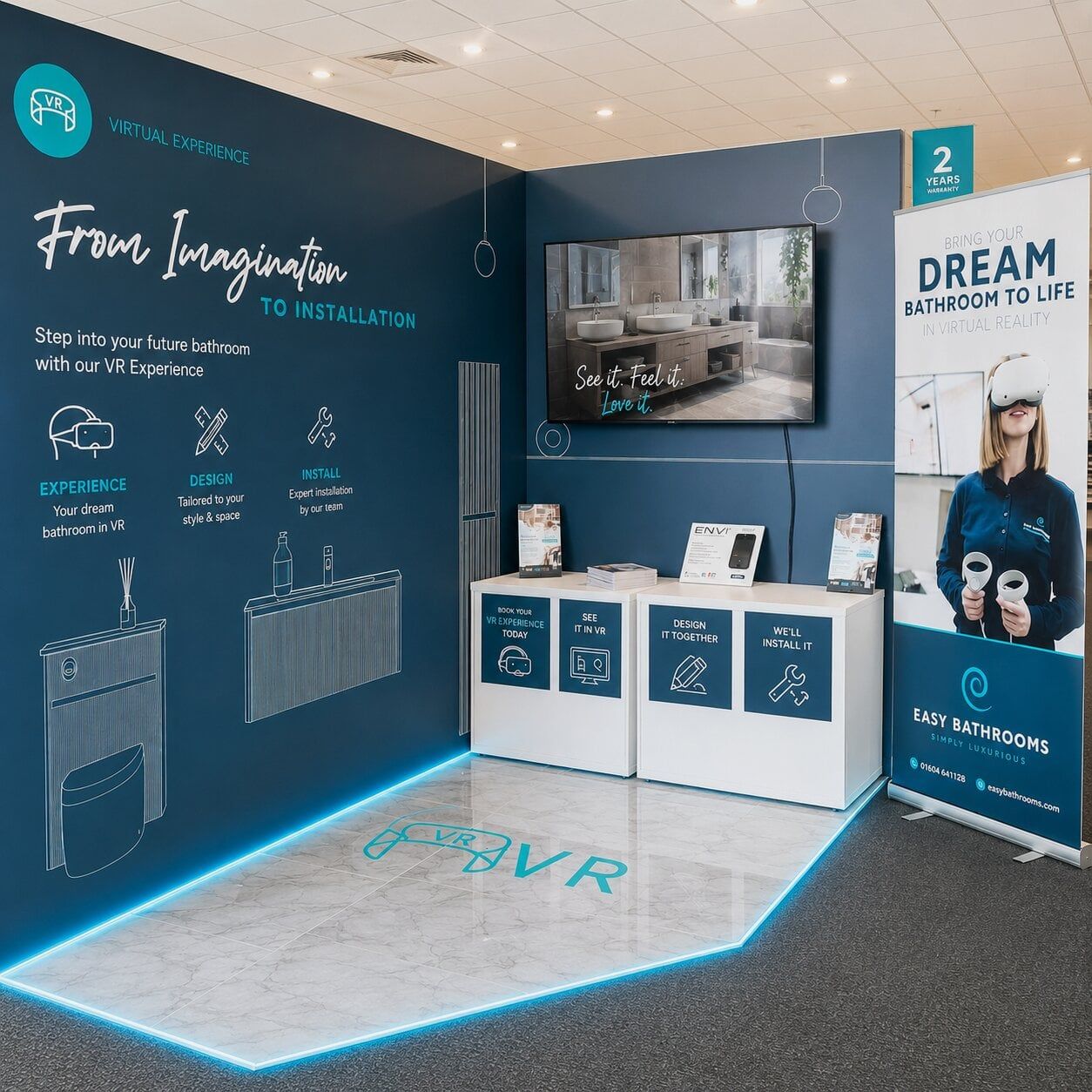 Virtual reality bathroom design area at Easy Bathrooms Leicester, where customers can experience their planned bathroom in VR.