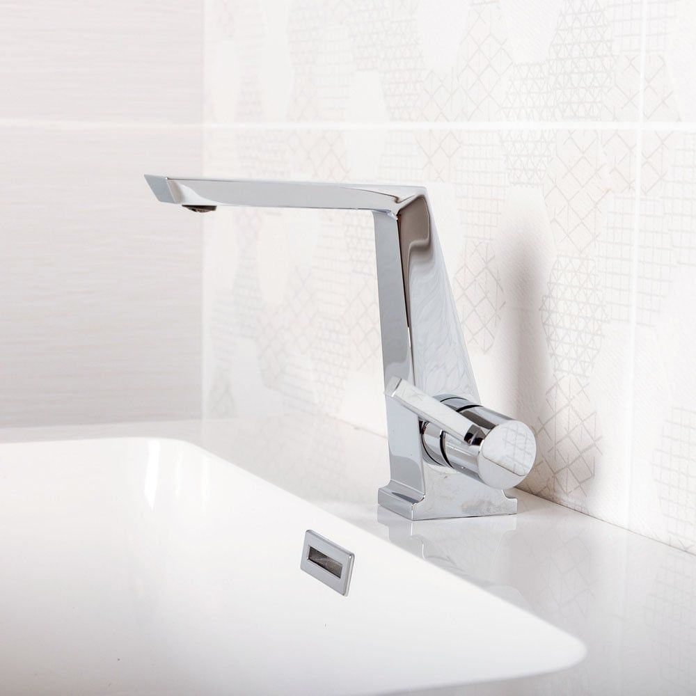 Lifestyle image in a fresh neutral bathroom showing the Cacia Chrome Basin Mixer Tap & Waste