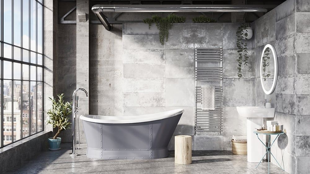 Hoff Matt Grey Industrial Freestanding Acrylic Bath 1676x780mm - roomset 3