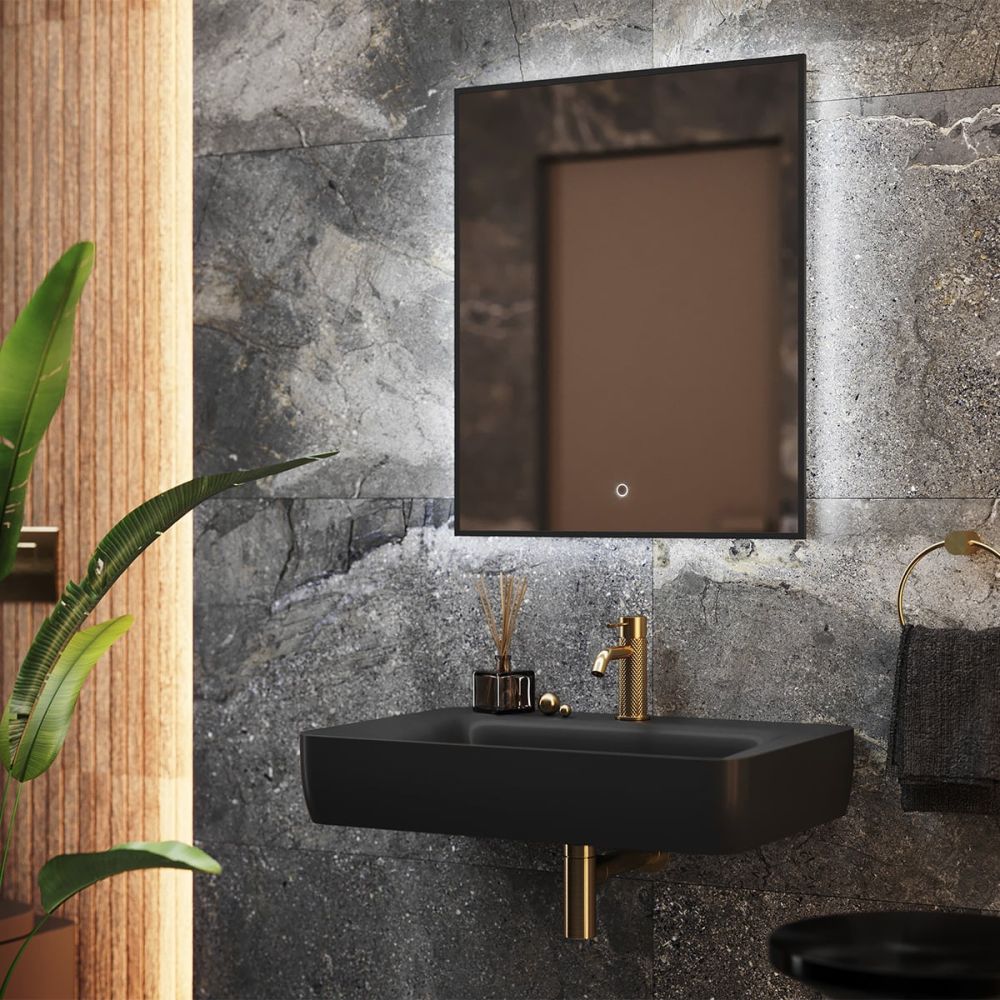 Rione Black Rectangular Backlit LED Heated Mirror 600mm
