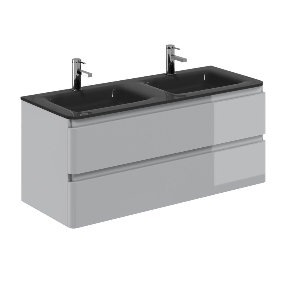 Neon Gloss Light Grey Wall Hung Vanity Unit with Grey Glass Basin 1200mm