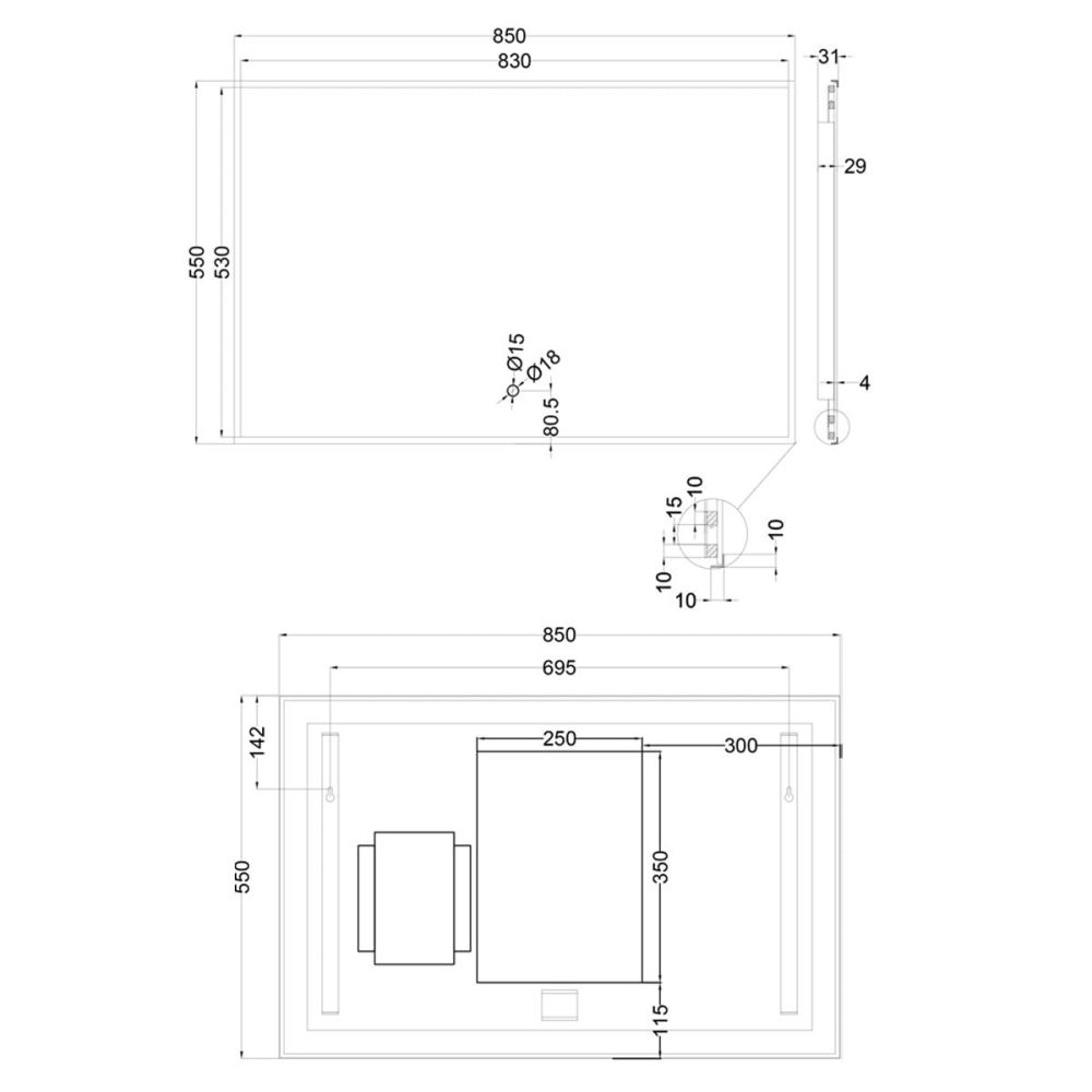Rione Gunmetal Rectangular Backlit LED Heated Mirror 850x550mm Spec