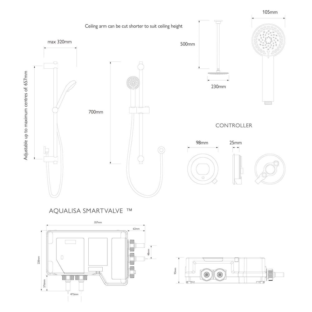 Aqualisa Quartz Touch Concealed Smart Shower With Adjustable Head and Fixed Ceiling Head - Hp/Combi