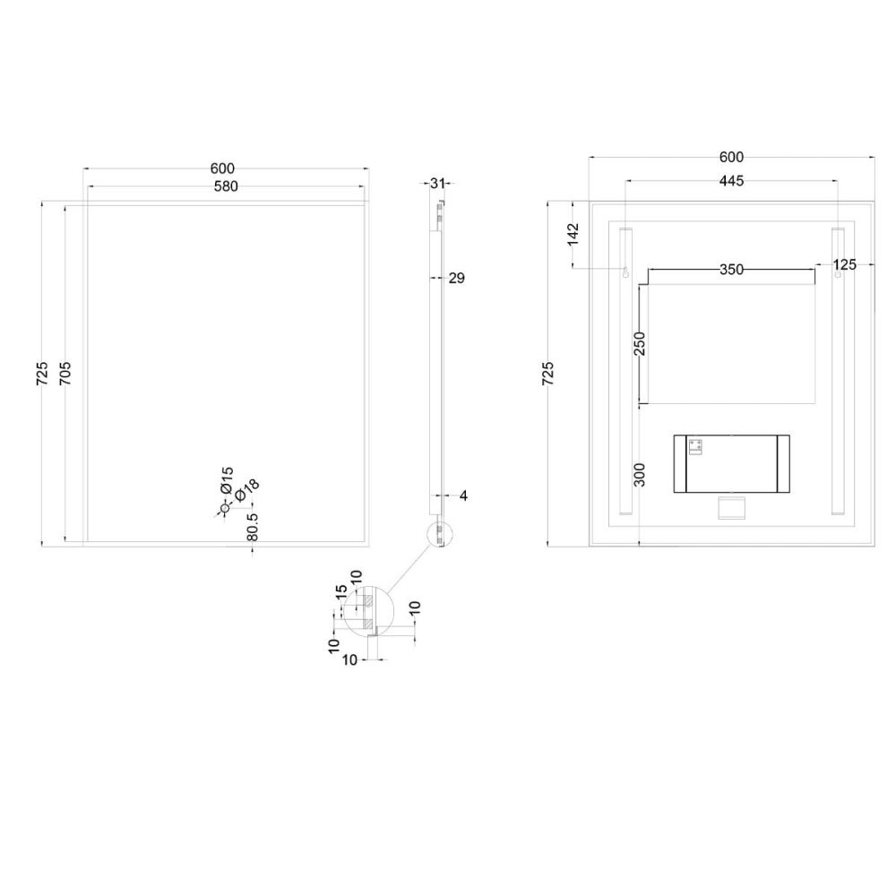 Rione Bronze Rectangular Backlit LED Heated Mirror 600x725mm Spec