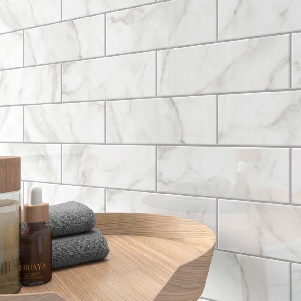 Marbella Calacatta Gloss Porcelain Brick Tile 300x100mm