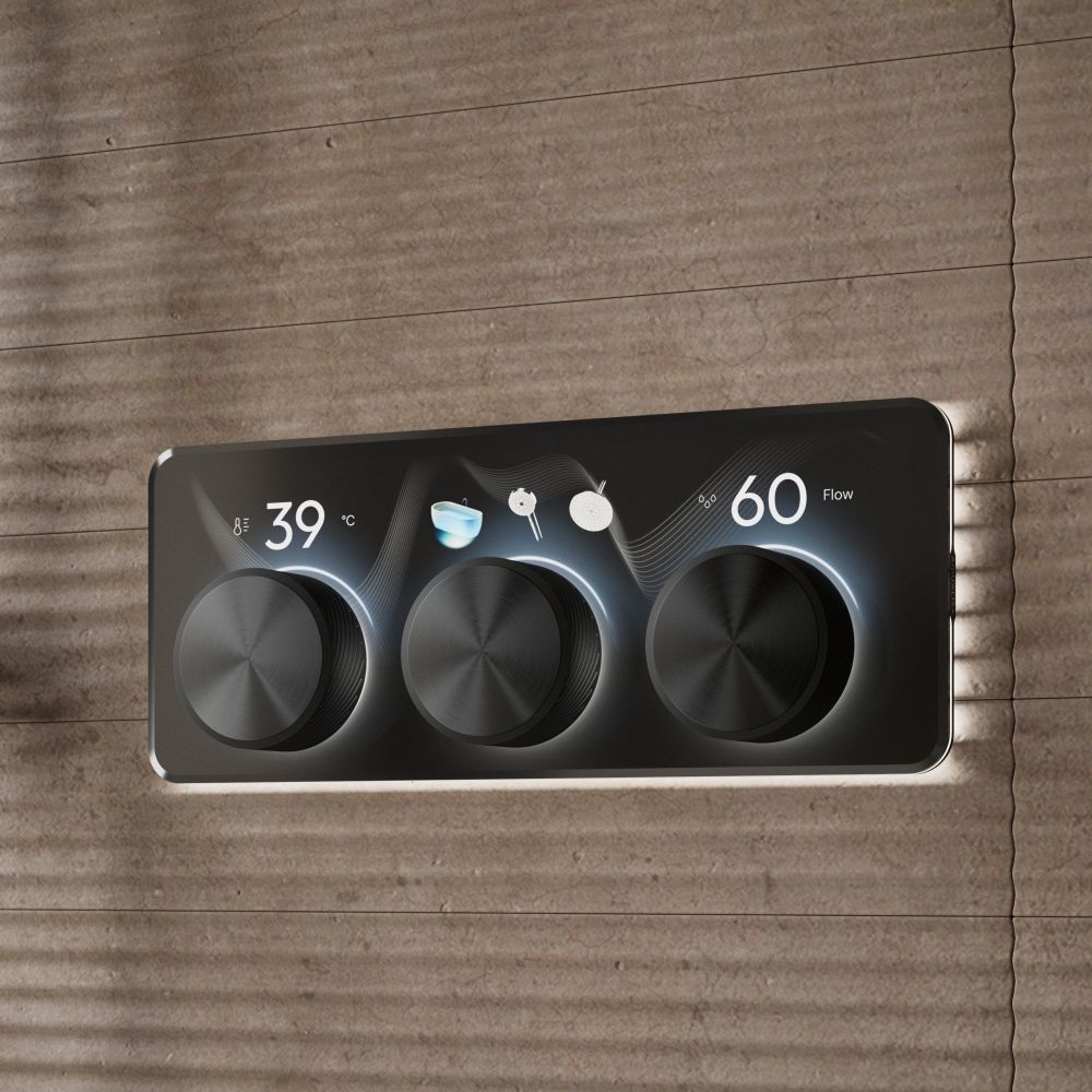 Aqualisa S3 black Horizontal Controls detailed view upon a brown  tiled background
