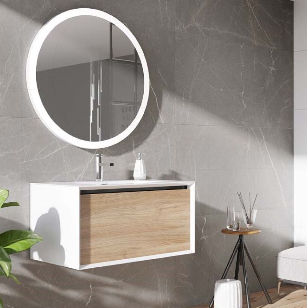 Lifestyle image of Snowdon White and Oak Wall Hung Vanity Unit with White Basin 750mm