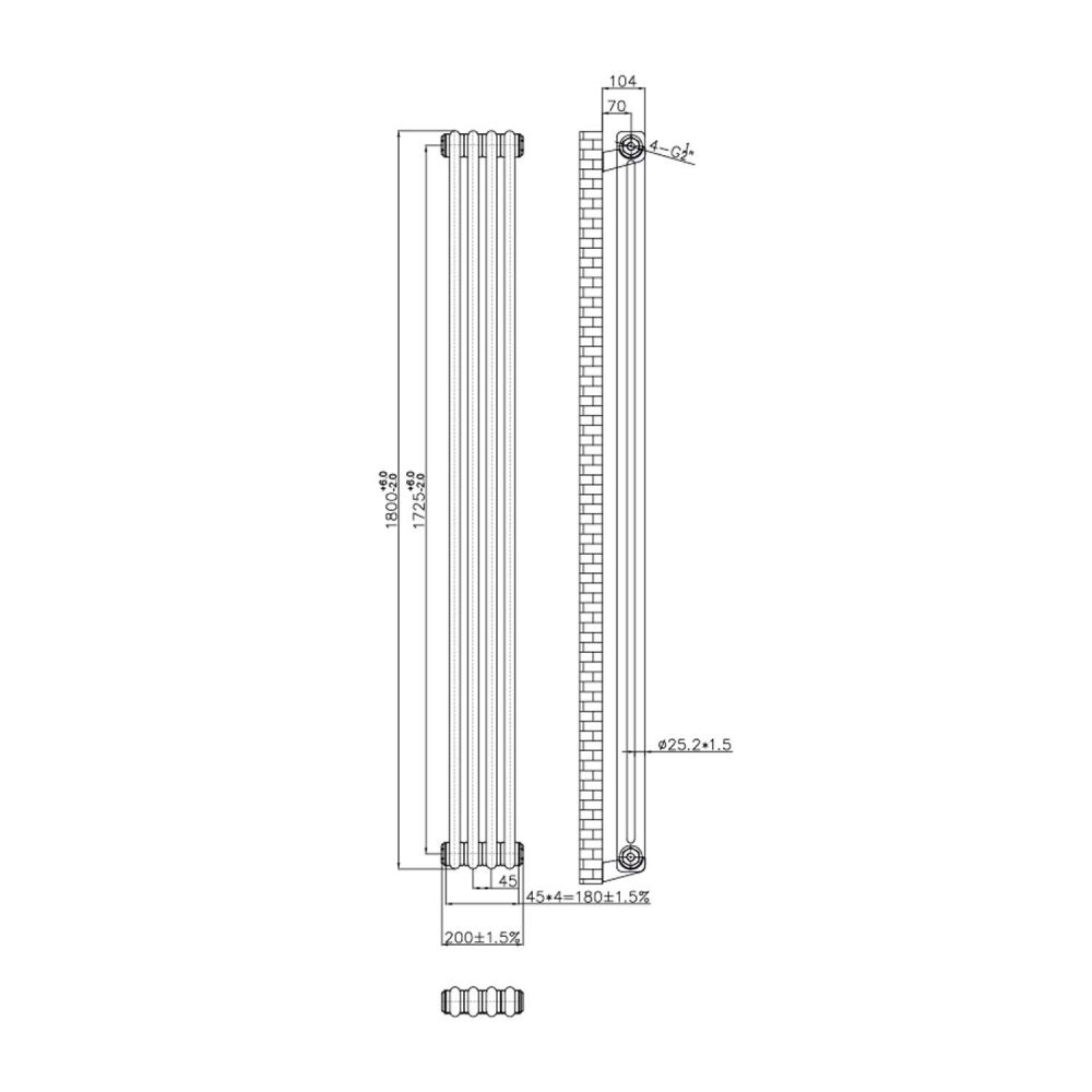 Clement Double Vertical Column Radiator 1800x200mm Technical Drawing