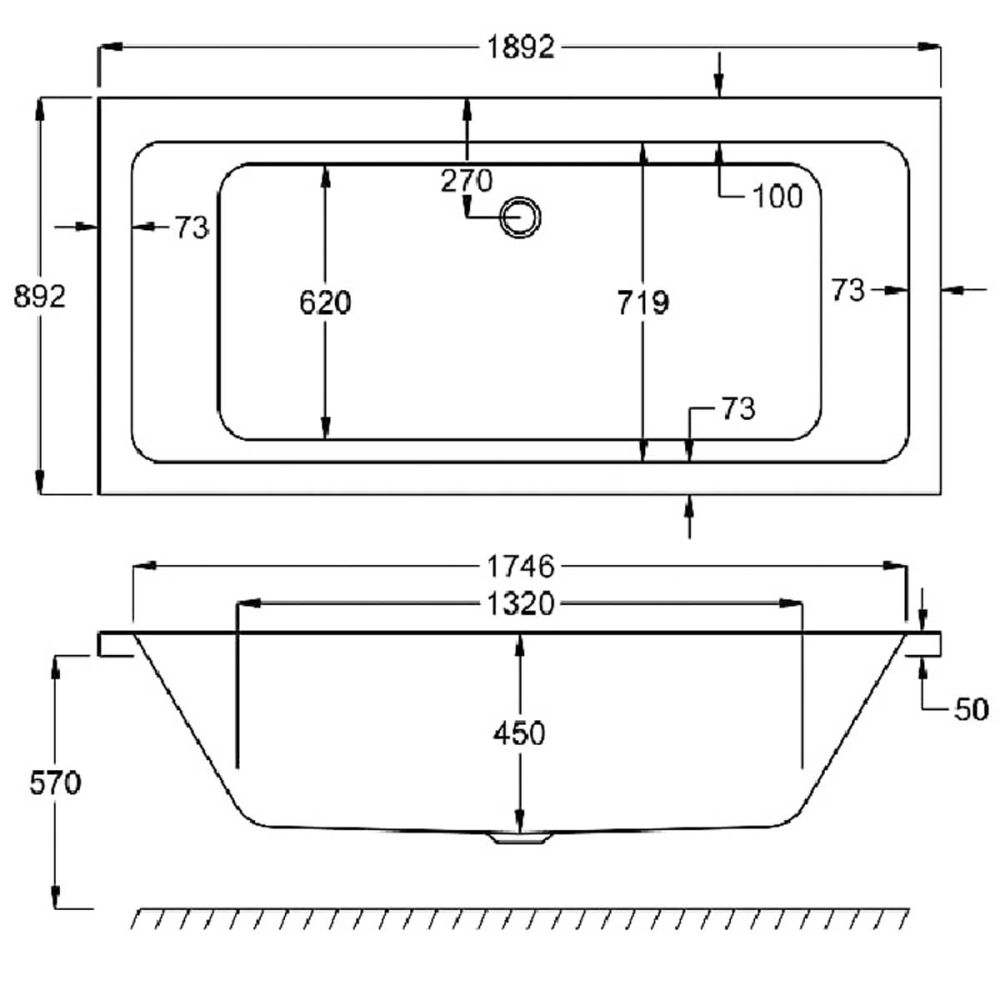 Carron Quantum Acrylic Double Ended Bath 1900x900mm dimensions