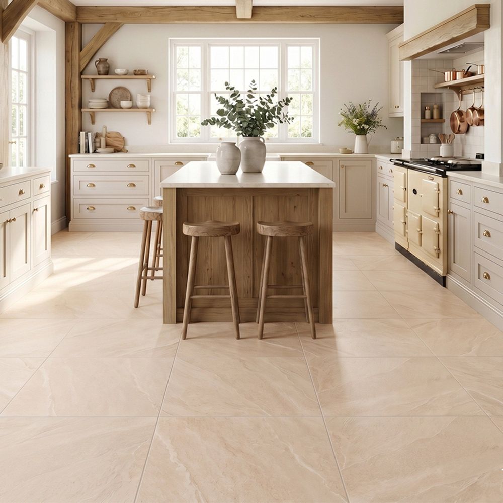 Beige porcelain tile in country style kitchen with wood accents and cream kitchen cupboards