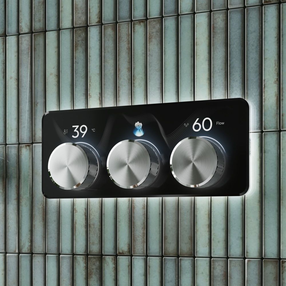 Aqualisa S3 chrome Horizontal Controls detailed view upon a teal tiled background