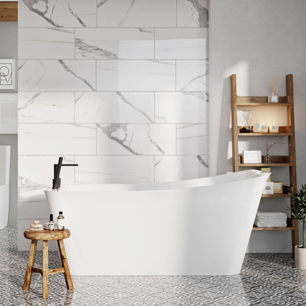 Modern marble roomset showcasing the Chardon White Freestanding Acrylic Bath 1600x800mm