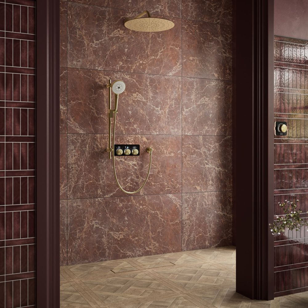 Aqualisa S3 Gold Digital Shower Dual Outlet (Slide Rail Kit with Fixed Wall Head) HP/Combi Displayed in a modern roomset with stone brown tiles