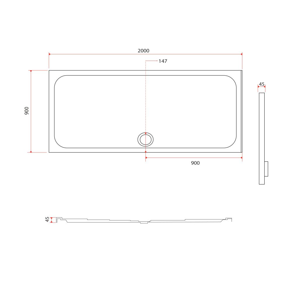 Rectangle Low Profile Shower Tray 2000x900mm Spec Drawing