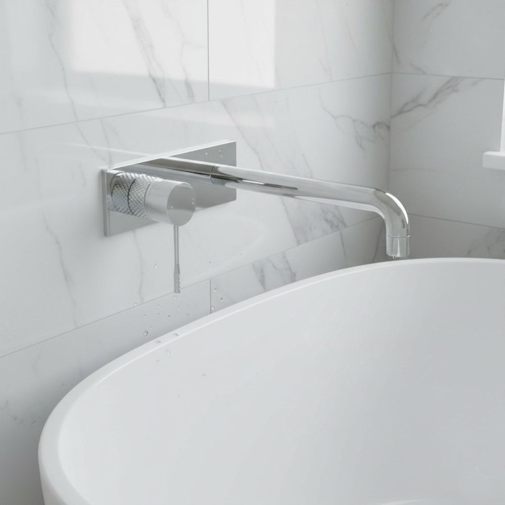 Moray Polished Chrome single lever bath mixer tap featuring a textured knurled detailing - Roomset