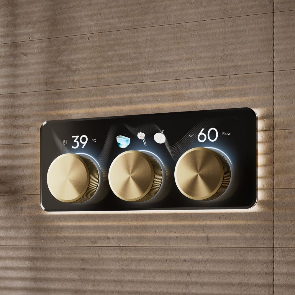 Aqualisa S3 Gold Horizontal Controls detailed view upon a brown tiled background