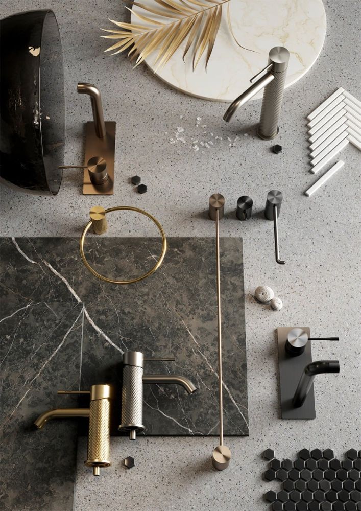Moray Brushed Gold single lever basin mixer tap featuring a textured knurled detailing - Moodboard Display