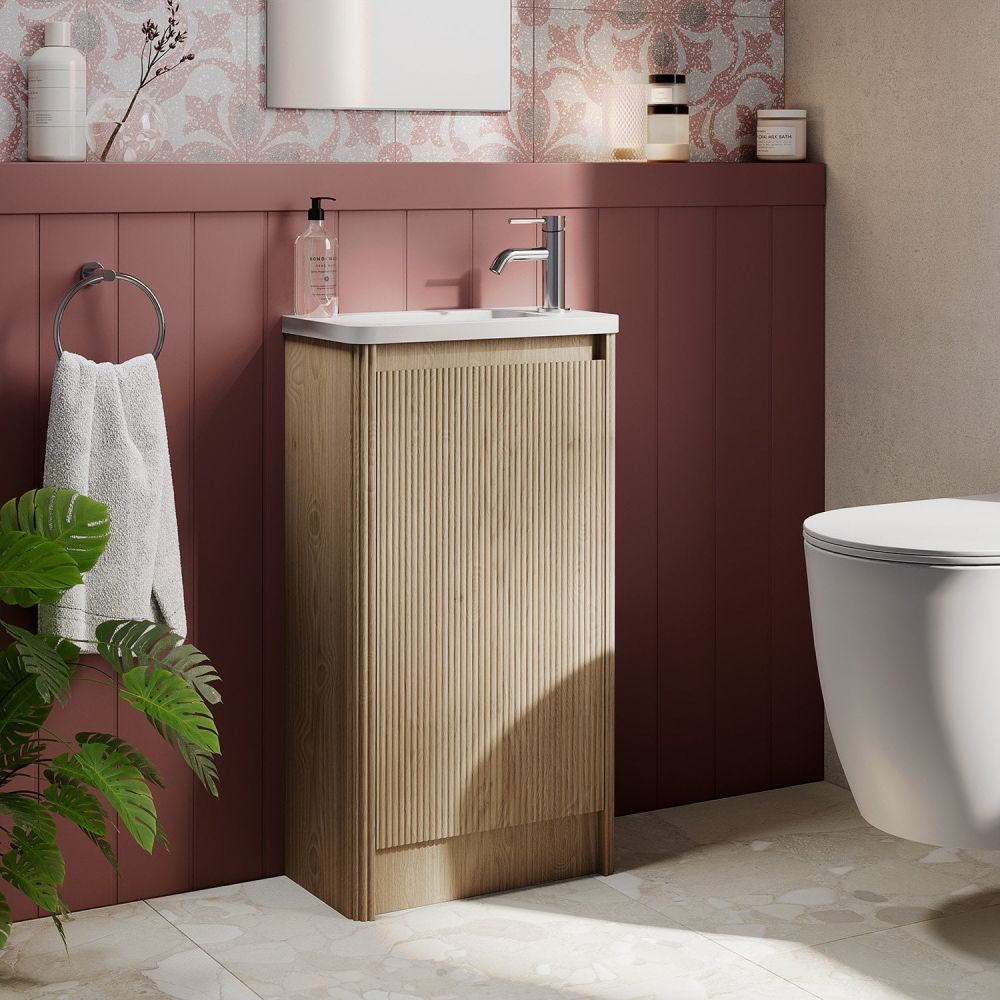Traditional styled bathroom showcasing the Wish Natural Oak Floor Standing Cloakroom Vanity Unit with Ceramic Basin