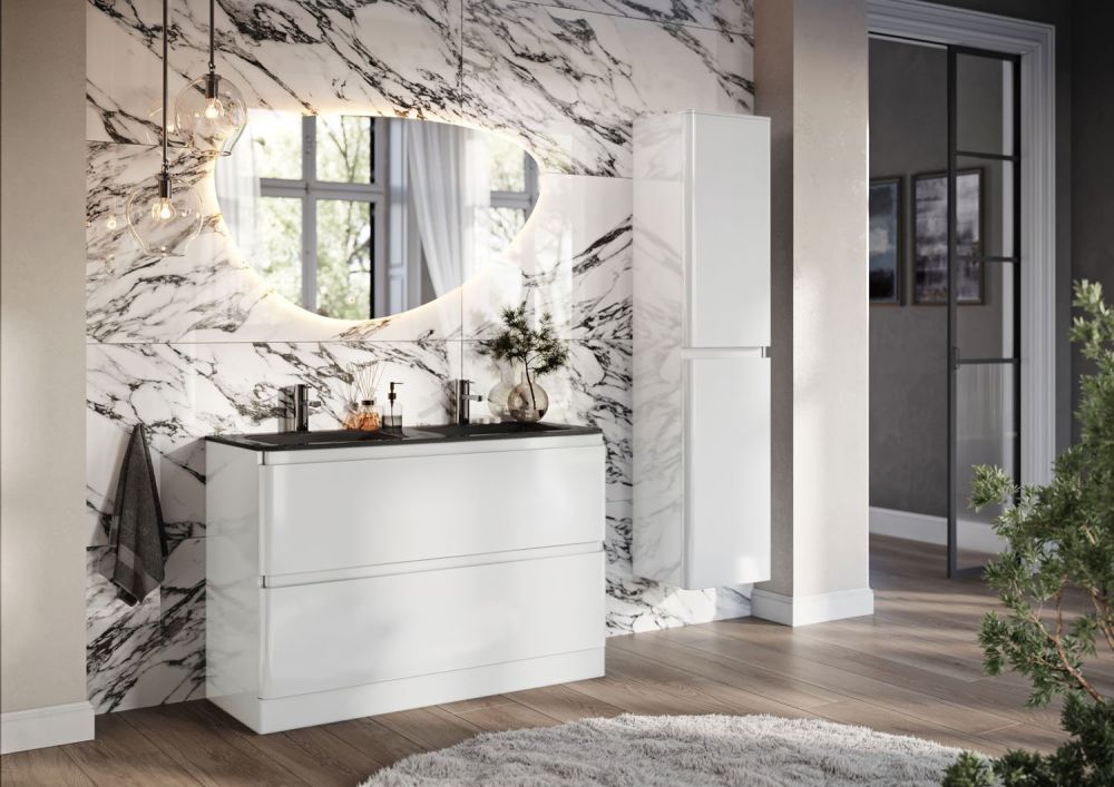 Neon Gloss White Floor Standing Vanity Unit with Grey Glass Basin 1200mm